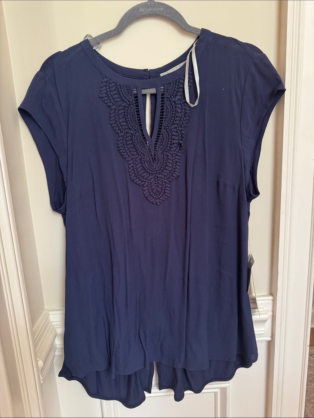 Daniel Rainn Navy Crochet-Front Cap Sleeve Blouse